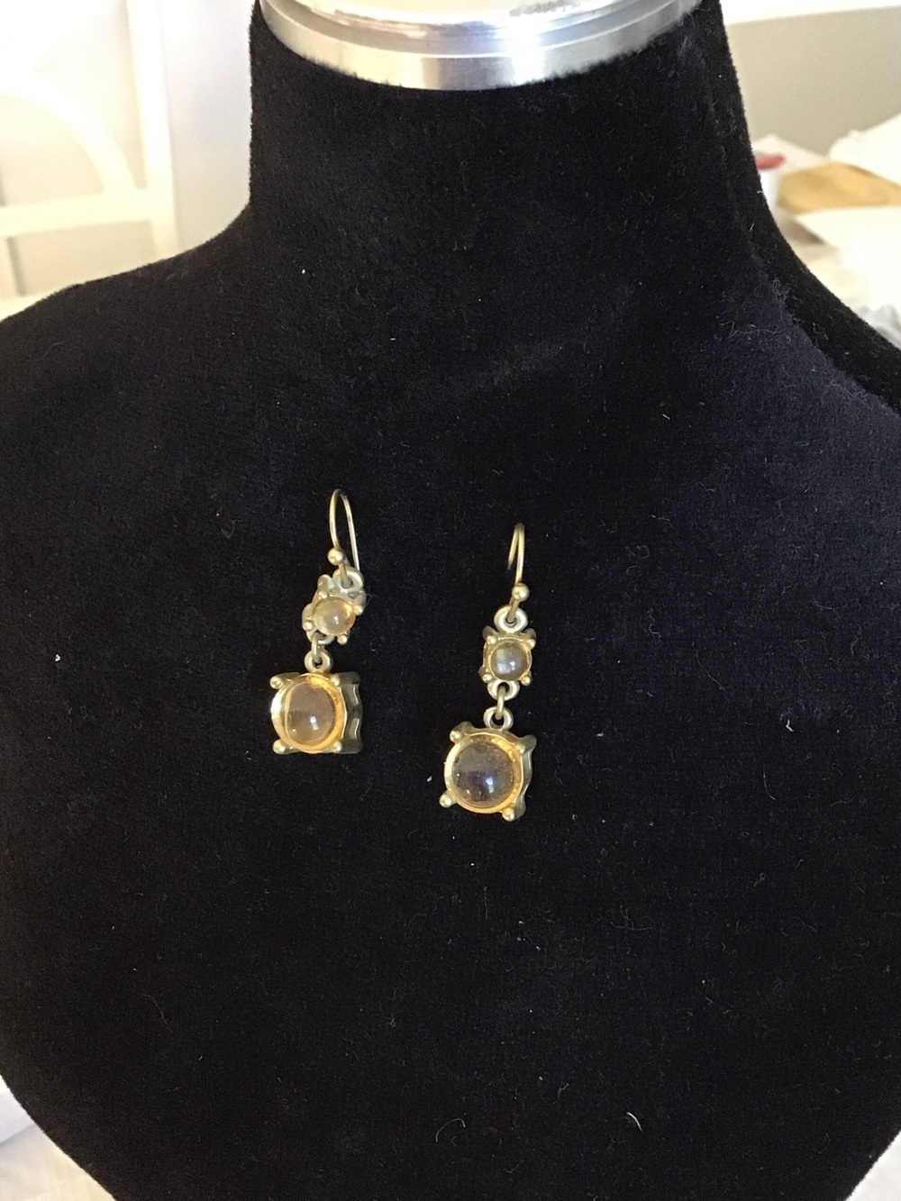Gold-Tone Drop Earrings with Round Gray Cabochons - Women Jewelry
